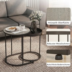 HOMCOM Set de 2 Măsuțe de Cafea în Stil Industrial, din Lemn și Metal, Ø42x54 cm și Ø36.5x48.5 cm, Gri și Negru | Aosom Romania