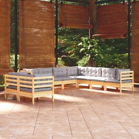 3096898 vidaXL Set mobilier de grădină cu perne gri, 9 piese, lemn masiv pin