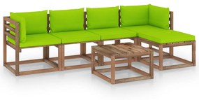 Set mobilier de gradina, 6 piese, cu perne verde aprins verde aprins, 2x colt + 2x mijloc + suport pentru picioare + masa, 1