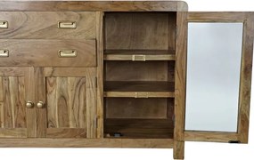 Bufet din lemn de acacia în stil campaign, natur, cu 2 uși vitrate, 2 uși cu panouri, 2 sertare și mânere încastrate, lungime 150 cm, „Amara”