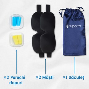 Set 2x Masti de dormit Suporto, design 3D fara presiune pe ochi, reglabile, cu huse Albastru Închis, blocheaza lumina in totalitate, si 2 seturi de