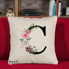 Cadou Personalizat - Perna Personalizata Monograma Florala Litera C, 40x40 cm, Bej Canapea, Husa Detasabila, Perna Inclusa, BEKZ®