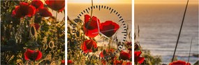 Tablou cu apus de soare cu flori de maci (cu ceas) (90x30 cm)