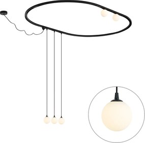 Sistem de iluminat pe șină oval modern negru cu 3 lămpi suspendate și 2 plafoniere albe monofazate - Iconic Perle