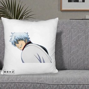 Perna Personalizata Gintama Gintoki Portret cu Zambet, 40x40 cm, Alb Pufos, Husa Detasabila, Perna Inclusa, BEKZ®