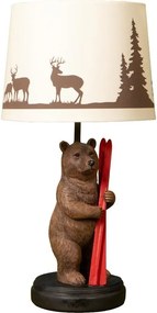 Lampă de masă din bumbac cu imprimeu, cu structură din rășină maro în formă de urs cu schiuri, finisaj patinat, 43×22 cm, „Chalet"