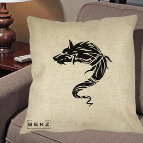 Perna Decorativa Lup Tribal Alb-Negru, 40x40 cm, Crem, Husa Detasabila, Perna Inclusa, BEKZ®