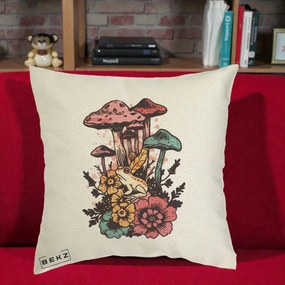 Perna Decorativa Ciuperci si Broaste Boho, 40x40 cm, Ecru, Husa Detasabila, Perna Inclusa, BEKZ®