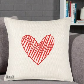 Perna Decorativa Inima Rosie Desen Manual, 40x40 cm, Crem Reliefat, Husa Detasabila, Perna Inclusa, BEKZ®