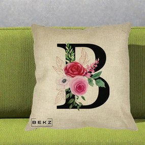 Cadou Personalizat - Perna Personalizata Monograma Florala Litera B, 40x40 cm, Crem, Husa Detasabila, Perna Inclusa, BEKZ®