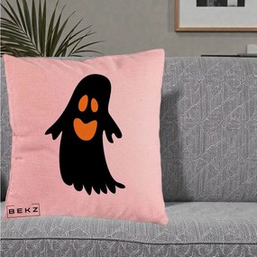 Perna Decorativa Halloween Fantoma Neagra cu Ochi Portocalii, 40x40 cm, Roz, Husa Detasabila, Perna Inclusa, BEKZ®