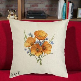 Perna Decorativa Maci Portocalii cu Floricele Albastre, 40x40 cm, Ecru, Husa Detasabila, Perna Inclusa, BEKZ®