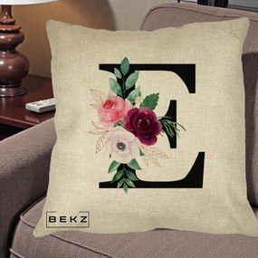 Cadou Personalizat - Perna Personalizata Monograma Florala Litera E, 40x40 cm, Crem, Husa Detasabila, Perna Inclusa, BEKZ®