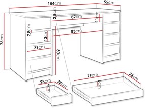BIA8 - Birou 154 cm, masa de calculator cu 9 sertare, office - Alb / Negru / Crem / Alb Lucios / Gri / Culoarea Stejar