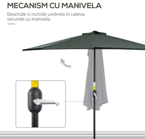 Outsunny Umbrelă Semicirculară Perete Grădină Deschidere Manivela Poliester Gri 269x138x236cm | Aosom Romania