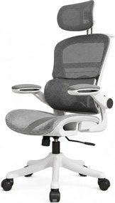 RESIGILAT- Scaun ergonomic cu șezut din plasă și suport lombar dinamic, tetiera 3D, cotiere rabatabile, Alb/Gri