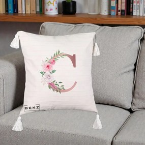 Cadou Personalizat - Perna Personalizata Monograma Rose Gold Litera C, 40x40 cm, Bej cu Franjuri, Husa Detasabila, Perna Inclusa, BEKZ®
