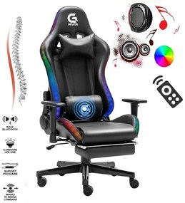 Scaun gaming, sistem iluminare bandă LED RGB, boxe bluetooth, masaj în perna lombara, funcție șezlong, 90-180 grade, suport picioare, SIG GS 024, Negru