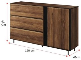 Comoda Boris Cu 1 Usa Si 3 Sertare, Stejar Catania Si Negru, 150 Cm