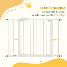 PawHut Poartă pentru Câini de Talie Mică și Medie cu Dublă Încuietoare și Închidere Automată, 76-103x4.2x77 cm, Alb | Aosom Romania