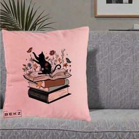 Perna Personalizata Pisica Neagra Carti Flori Fluturi, 40x40 cm, Roz, Husa Detasabila, Perna Inclusa, BEKZ®