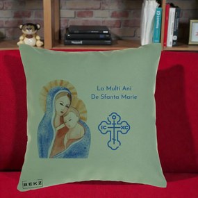 Cadou de Onomastica - Perna Personalizata Sfanta Marie Icoana Acuarela, 40x40 cm, Verde, Husa Detasabila, Perna Inclusa, BEKZ®