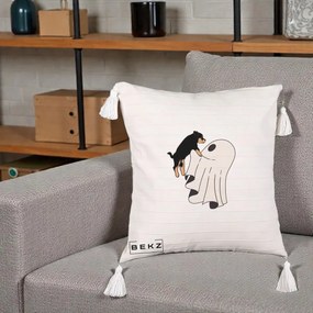 Perna Decorativa Caine Rottweiler Fantoma Halloween, 40x40 cm, Bej cu Franjuri, Husa Detasabila, Perna Inclusa, BEKZ®