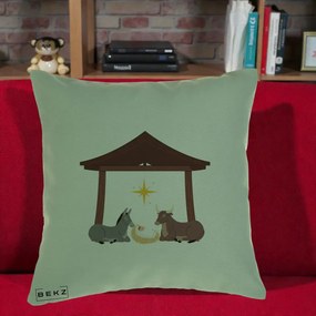 Perna Decorativa Ieslea din Betleem cu Iesle Asin si Bou, 40x40 cm, Verde, Husa Detasabila, Perna Inclusa, BEKZ®