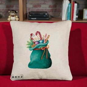 Perna Decorativa Saculet Cadouri Mos Craciun Acuarela Verde, 40x40 cm, Bej Canapea, Husa Detasabila, Perna Inclusa, BEKZ®