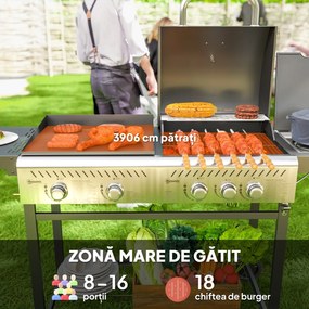 Outsunny Grătar pe Gaz cu Plită și Arzător, Capac cu Termometru Negru | Aosom Romania
