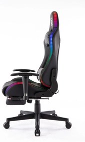 Scaun gaming cu sistem iluminare bandă LED RGB, masaj în perna lombară, suport picioare, funcție șezlong, 90-180 grade, Negru
