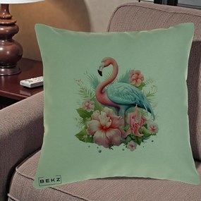 Perna Decorativa Flamingo cu Hibiscus Tropical, 40x40 cm, Verde, Husa Detasabila, Perna Inclusa, BEKZ®