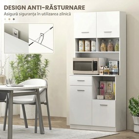 HOMCOM Dulap Înalt pentru Bucătărie cu Sertar, 4 Dulapuri și 3 Spații Deschise, 80x35x180 cm, Alb | Aosom Romania