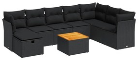 3325772 vidaXL Set mobilier de grădină cu perne, 9 piese, negru, poliratan