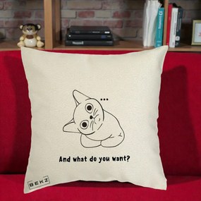 Perna Decorativa And What Do You Want Cat, 40x40 cm, Ecru, Husa Detasabila, Perna Inclusa, BEKZ®