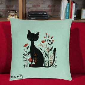 Perna Decorativa Pisica Neagra Flori Rosii Folk Minimal, 40x40 cm, Verde Menta, Husa Detasabila, Perna Inclusa, BEKZ®