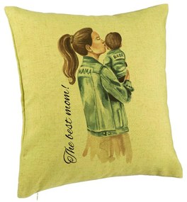 Perna Decorativa, Model The Best Mom 40x40 cm, Verde, Husa Detasabila, Burduf