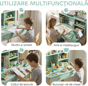 AIYAPLAY Birou pentru Copii cu 3 Compartimente și 2 Sertare, Birou din Lemn cu Spații pentru Cărți și Jucării, Banc de Școală pentru Studiu și Desen pentru Copii 5-12 Ani, Verde | Aosom Romania