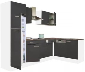 Dulap de bucătărie de colț Yorki 280 cu corp alb, față antracit satinat și frigider cu congelator superior