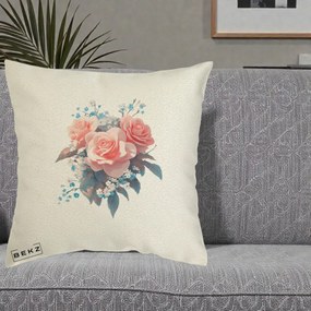 Perna Decorativa Trandafiri Roz cu Floricele Albastre, 40x40 cm, Ecru, Husa Detasabila, Perna Inclusa, BEKZ®