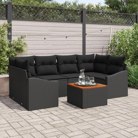 vidaXL Set de canapele pentru grădină , 7 piese, cu perne, negru, rattan, poliester, acacia.