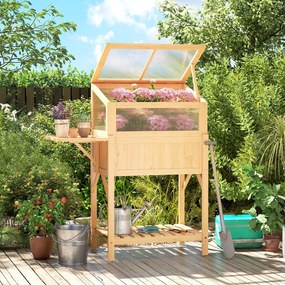 Outsunny Pat înălțat cu capotă pentru mini-seră din lemn jardinieră cu seră pliabilă masă laterală raft lemn natural | Aosom Romania
