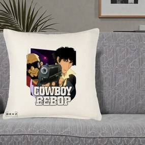 Perna Personalizata Cowboy Bebop Spike si Jet Poster, 40x40 cm, Crem Reliefat, Husa Detasabila, Perna Inclusa, BEKZ®