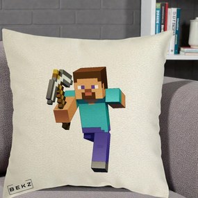 Perna Personalizata Minecraft Steve, 40x40 cm, Ecru, Husa Detasabila, Perna Inclusa, BEKZ®