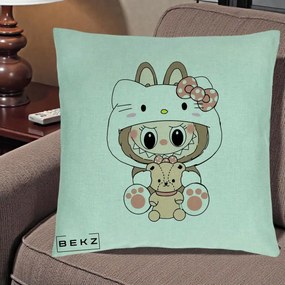 Perna Personalizata Labubu x Hello Kitty, 40x40 cm, Verde Menta, Husa Detasabila, Perna Inclusa, BEKZ®