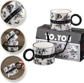 Set 2 căni din ceramică, „TO YOU” alb-negru, în cutie cadou premium, 310 ml, eCarla, KB11