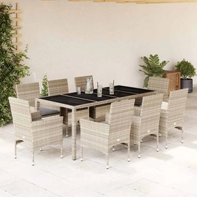 vidaXL Set mobilier de grădină cu perne 9 piese gri poliratan &amp; sticlă