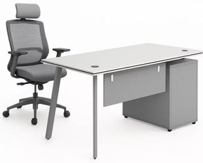 Set birou elegant cu birou lateral si scaun ergonomic cu suport lombar si tetiera reglabila