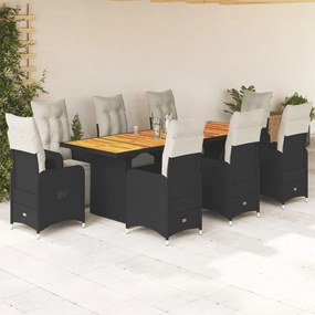 3277289 vidaXL Set bistro de grădină, 9 piese, cu perne, negru, poliratan