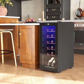 HOMCOM Frigider pentru Vinuri, Frigider de Vin cu Control al Temperaturii, Ecran Tactil Digital și Lumină LED, 18 Sticle, 34.5x45x78 cm, Negru
